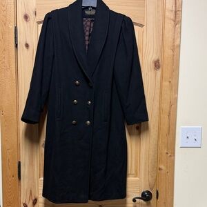 Elegant Vintage Black Double-Breasted Women's Wool Trench Coat Gold Buttons L